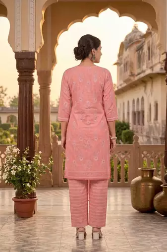 Peach printed cotton blend stitched ethnic motif print salwar kurta dupatta for women