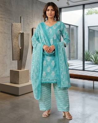 Teal printed cotton blend stitched ethnic motif print salwar kurta dupatta for women 1