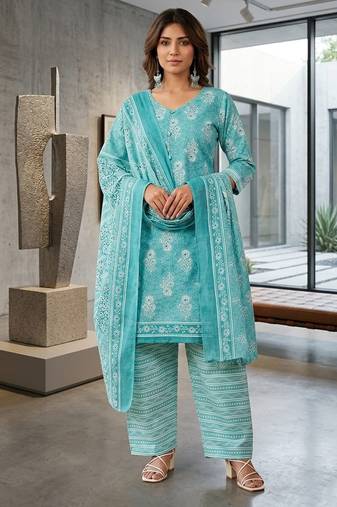 Teal printed cotton blend stitched ethnic motif print salwar kurta dupatta for women