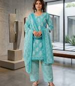 Teal printed cotton blend stitched ethnic motif print salwar kurta dupatta for women