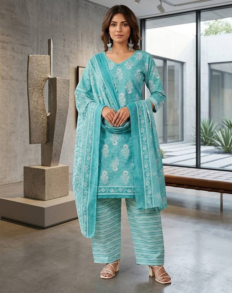 Teal printed cotton blend stitched ethnic motif print salwar kurta dupatta for women