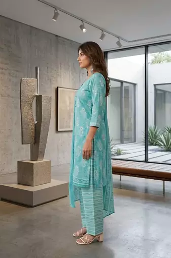 Teal printed cotton blend stitched ethnic motif print salwar kurta dupatta for women