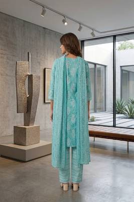 Teal printed cotton blend stitched ethnic motif print salwar kurta dupatta for women 3