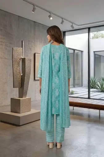 Teal printed cotton blend stitched ethnic motif print salwar kurta dupatta for women