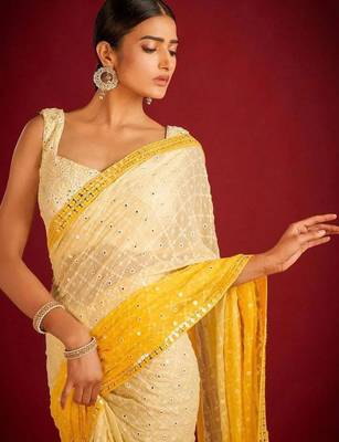 Yellow elegant designer heavy embroidered sequin georgette saree 2