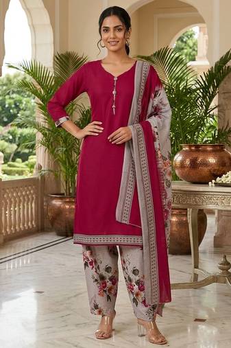Red printed cotton blend stitched floral print salwar kurta dupatta for women