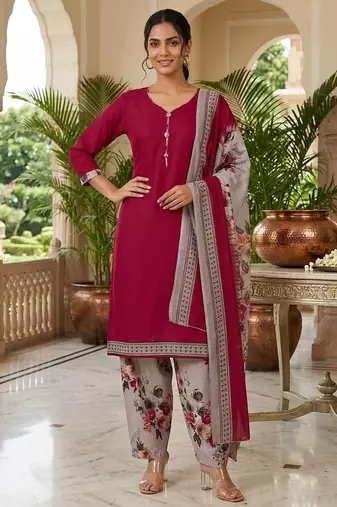 Red printed cotton blend stitched floral print salwar kurta dupatta for women