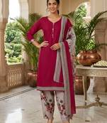 Red printed cotton blend stitched floral print salwar kurta dupatta for women