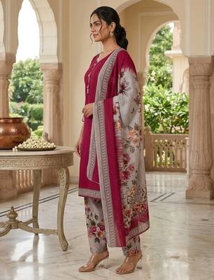 Red printed cotton blend stitched floral print salwar kurta dupatta for women 2