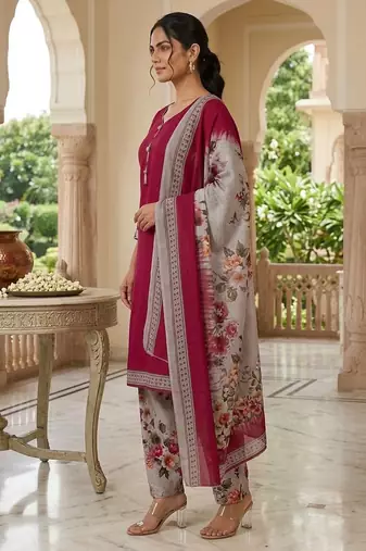 Red printed cotton blend stitched floral print salwar kurta dupatta for women