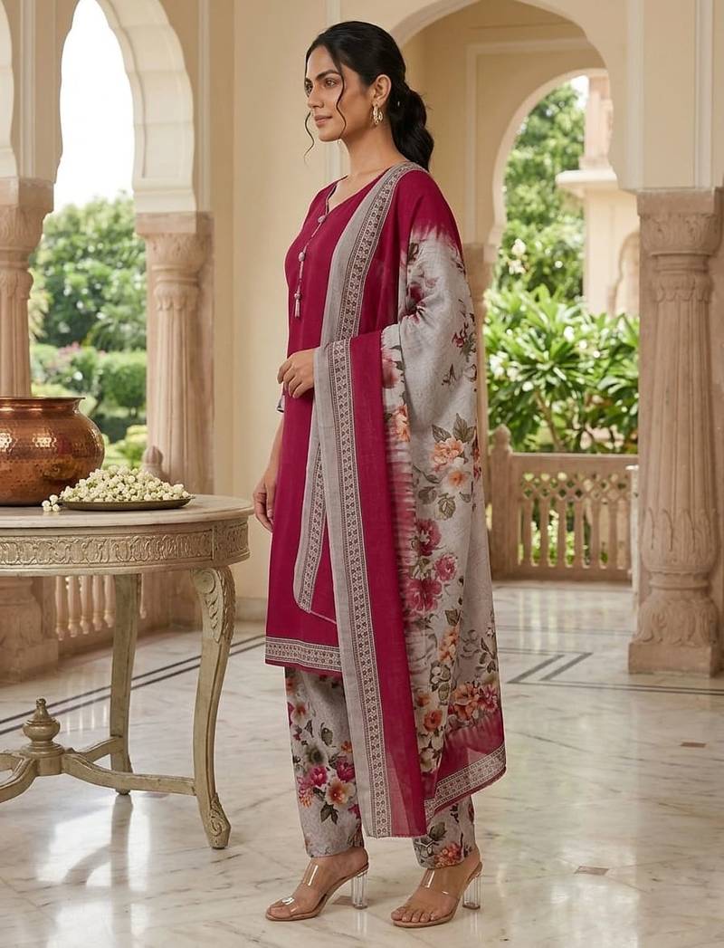 Red printed cotton blend stitched floral print salwar kurta dupatta for women
