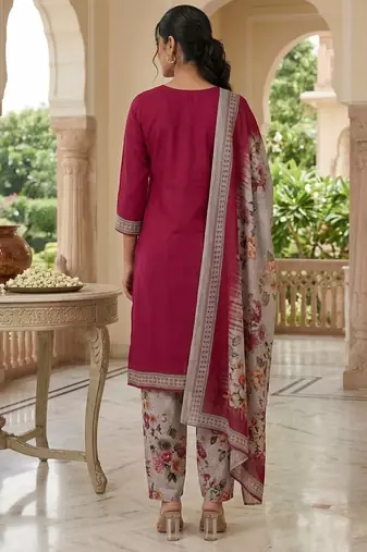 Red printed cotton blend stitched floral print salwar kurta dupatta for women