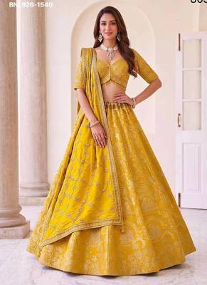 Mustard silk blend embroidered festive haldi lehenga choli set 1