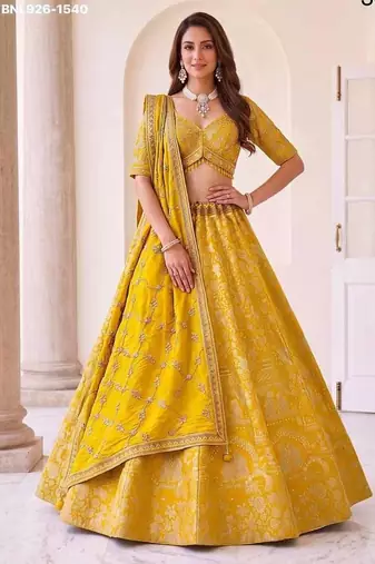 Mustard silk blend embroidered festive haldi lehenga choli set