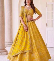 Mustard silk blend embroidered festive haldi lehenga choli set