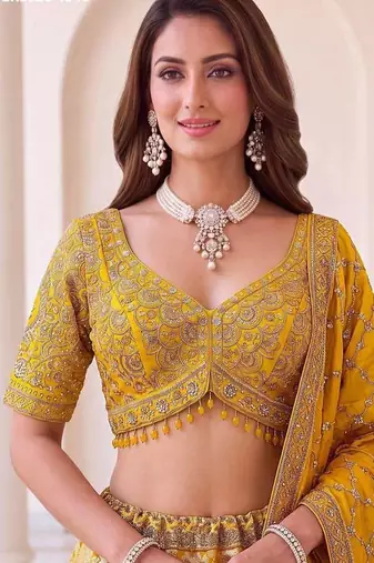 Mustard silk blend embroidered festive haldi lehenga choli set