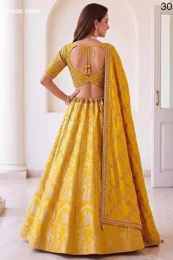 Mustard silk blend embroidered festive haldi lehenga choli set