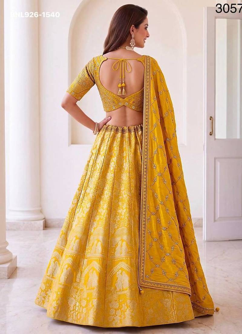 Mustard silk blend embroidered festive haldi lehenga choli set