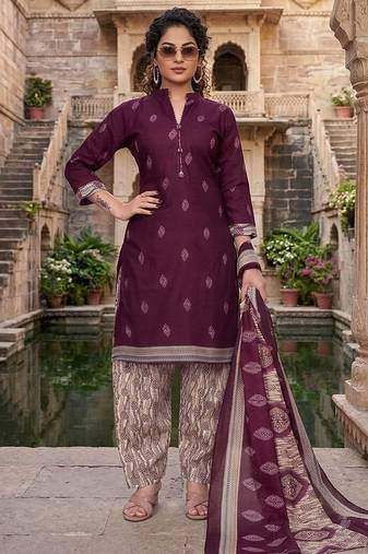 Wine printed cotton blend stitched geometric print salwar kurta dupatta for women