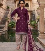 Wine printed cotton blend stitched geometric print salwar kurta dupatta for women