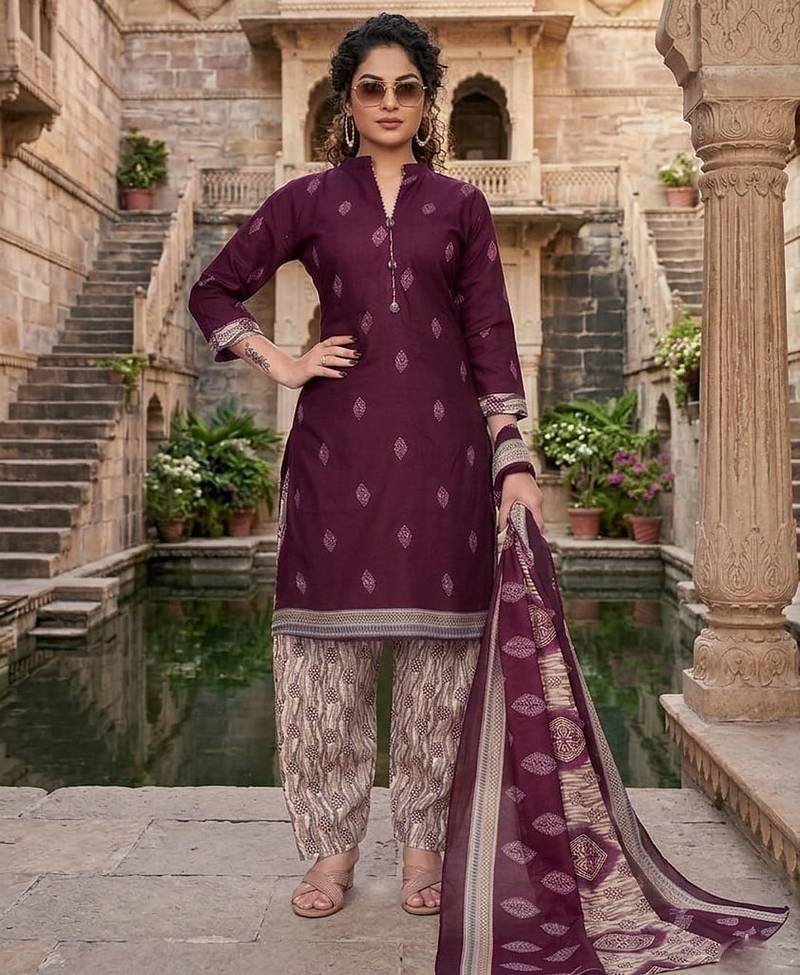 Wine printed cotton blend stitched geometric print salwar kurta dupatta for women