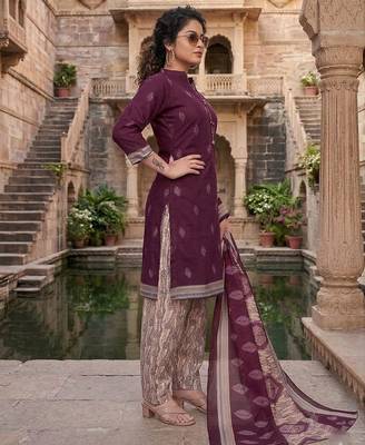 Wine printed cotton blend stitched geometric print salwar kurta dupatta for women 2