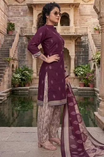 Wine printed cotton blend stitched geometric print salwar kurta dupatta for women