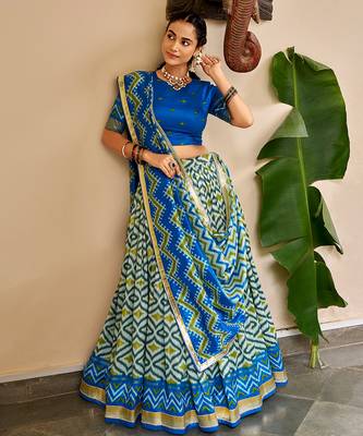 Women Ikat Printed Tasar Silk Lehenga Choli Set with Foil Print Detailing 1