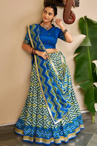 Women Ikat Printed Tasar Silk Lehenga Choli Set with Foil Print Detailing