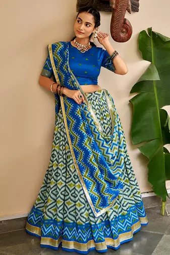 Women Ikat Printed Tasar Silk Lehenga Choli Set with Foil Print Detailing