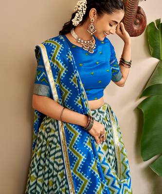 Women Ikat Printed Tasar Silk Lehenga Choli Set with Foil Print Detailing 2