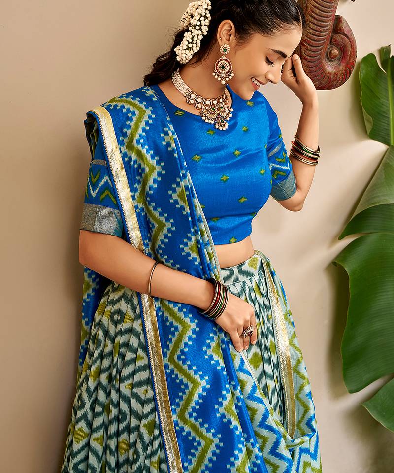 Women Ikat Printed Tasar Silk Lehenga Choli Set with Foil Print Detailing