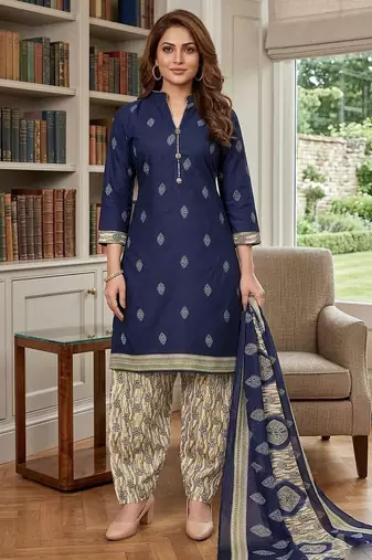 Blue printed cotton blend stitched geometric print salwar kurta dupatta for women