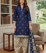 Blue printed cotton blend stitched geometric print salwar kurta dupatta for women
