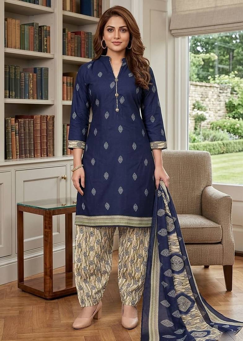Blue printed cotton blend stitched geometric print salwar kurta dupatta for women