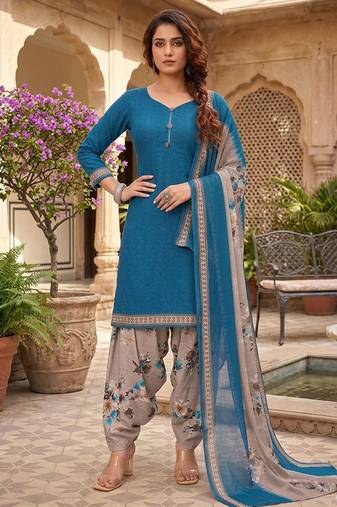 Teal printed cotton blend stitched floral print salwar kurta dupatta for women