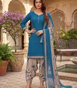 Teal printed cotton blend stitched floral print salwar kurta dupatta for women