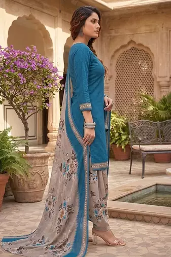 Teal printed cotton blend stitched floral print salwar kurta dupatta for women