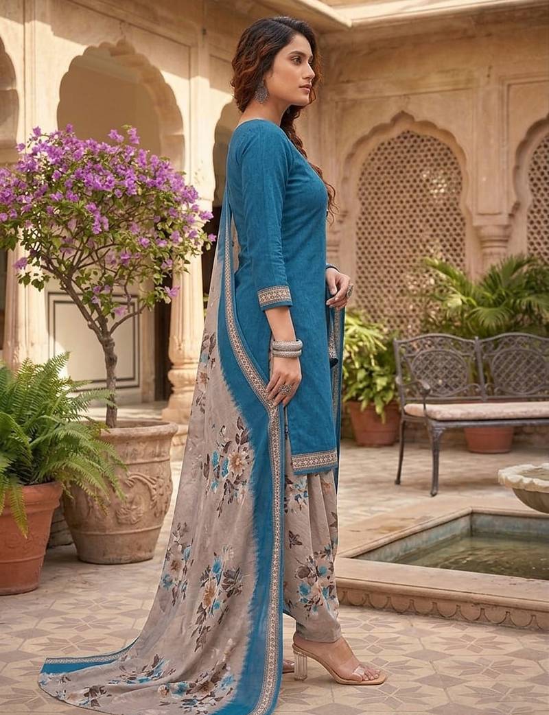 Teal printed cotton blend stitched floral print salwar kurta dupatta for women