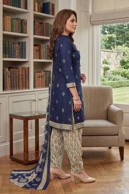 Blue printed cotton blend stitched geometric print salwar kurta dupatta for women 2