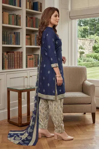 Blue printed cotton blend stitched geometric print salwar kurta dupatta for women