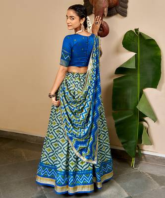 Women Ikat Printed Tasar Silk Lehenga Choli Set with Foil Print Detailing 3