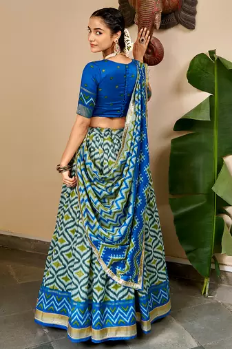 Women Ikat Printed Tasar Silk Lehenga Choli Set with Foil Print Detailing