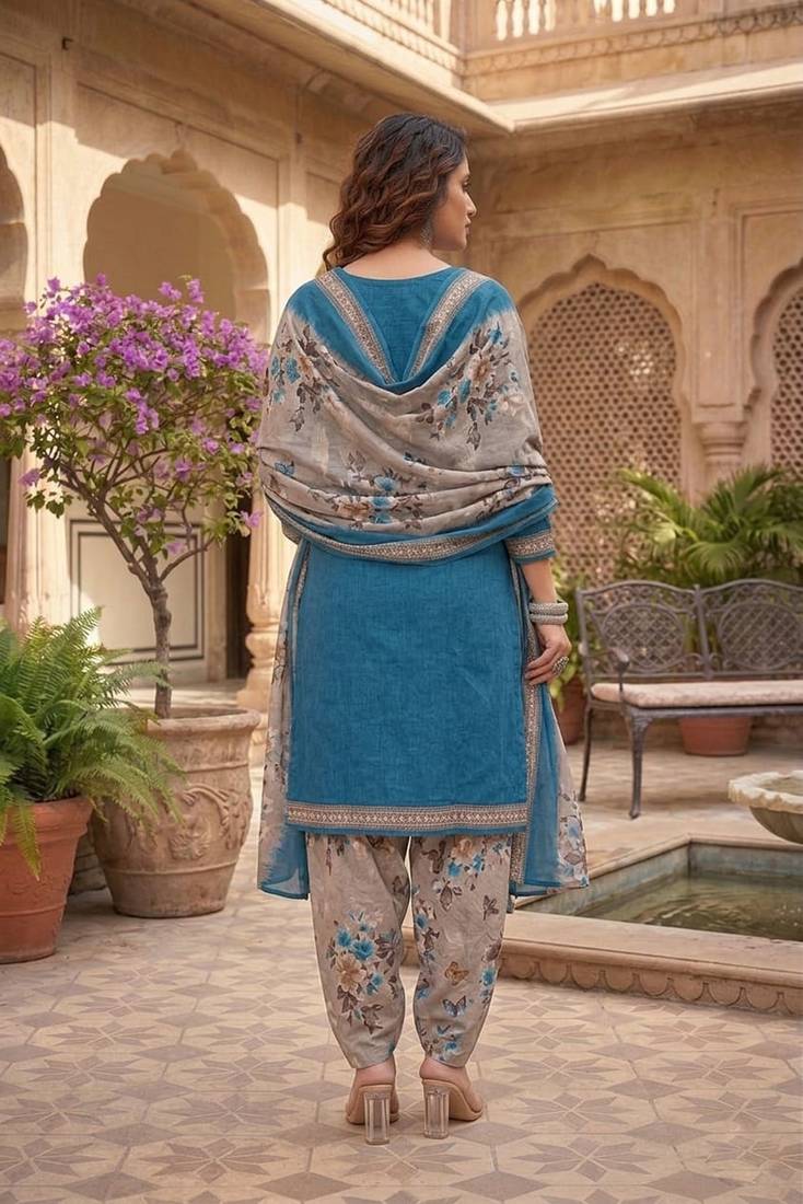 Teal printed cotton blend stitched floral print salwar kurta dupatta for women