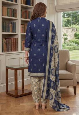 Blue printed cotton blend stitched geometric print salwar kurta dupatta for women 3