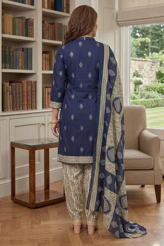 Blue printed cotton blend stitched geometric print salwar kurta dupatta for women