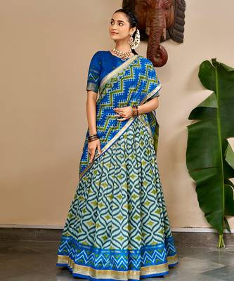 Women Ikat Printed Tasar Silk Lehenga Choli Set with Foil Print Detailing 4