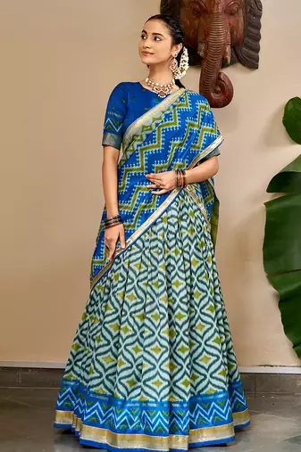 Women Ikat Printed Tasar Silk Lehenga Choli Set with Foil Print Detailing