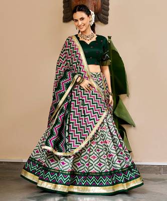 Women Ikat Printed Tasar Silk Lehenga Choli Set with Foil Print Detailing 1