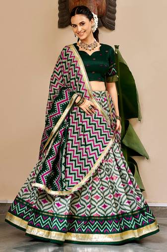 Women Ikat Printed Tasar Silk Lehenga Choli Set with Foil Print Detailing